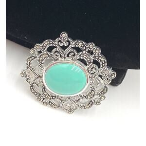 MARVELLA THai Blue Faux Stone Brooch Vintage Silver Tone